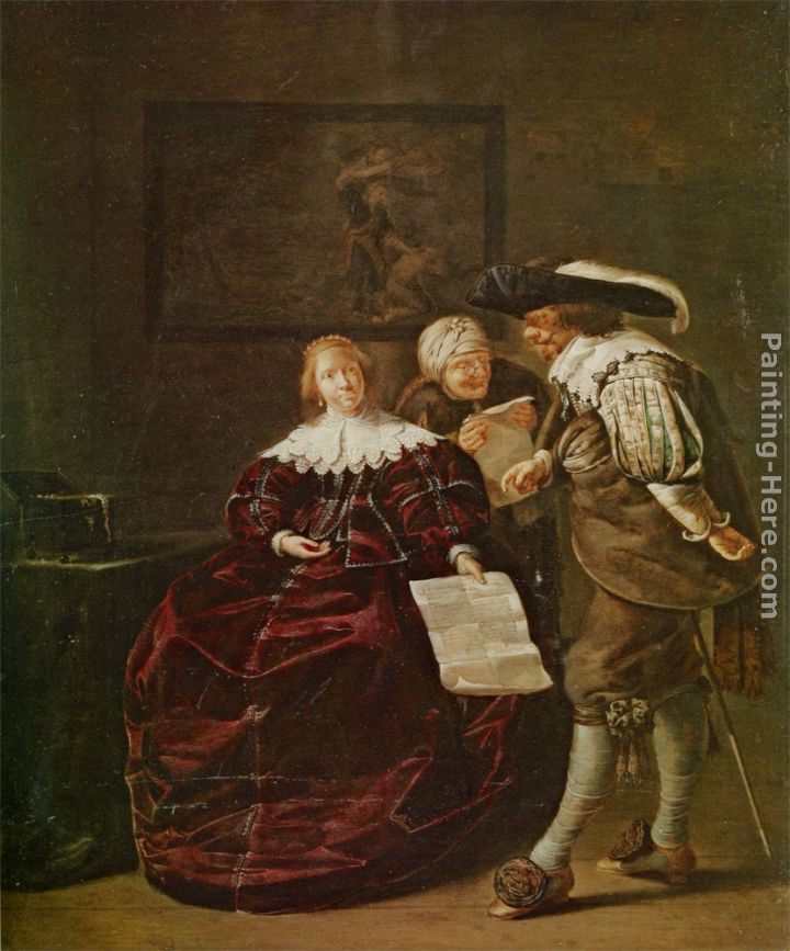 Jacob Duck The contract - A lady presenting a letter to a gentleman and an old lady studying another in an interior